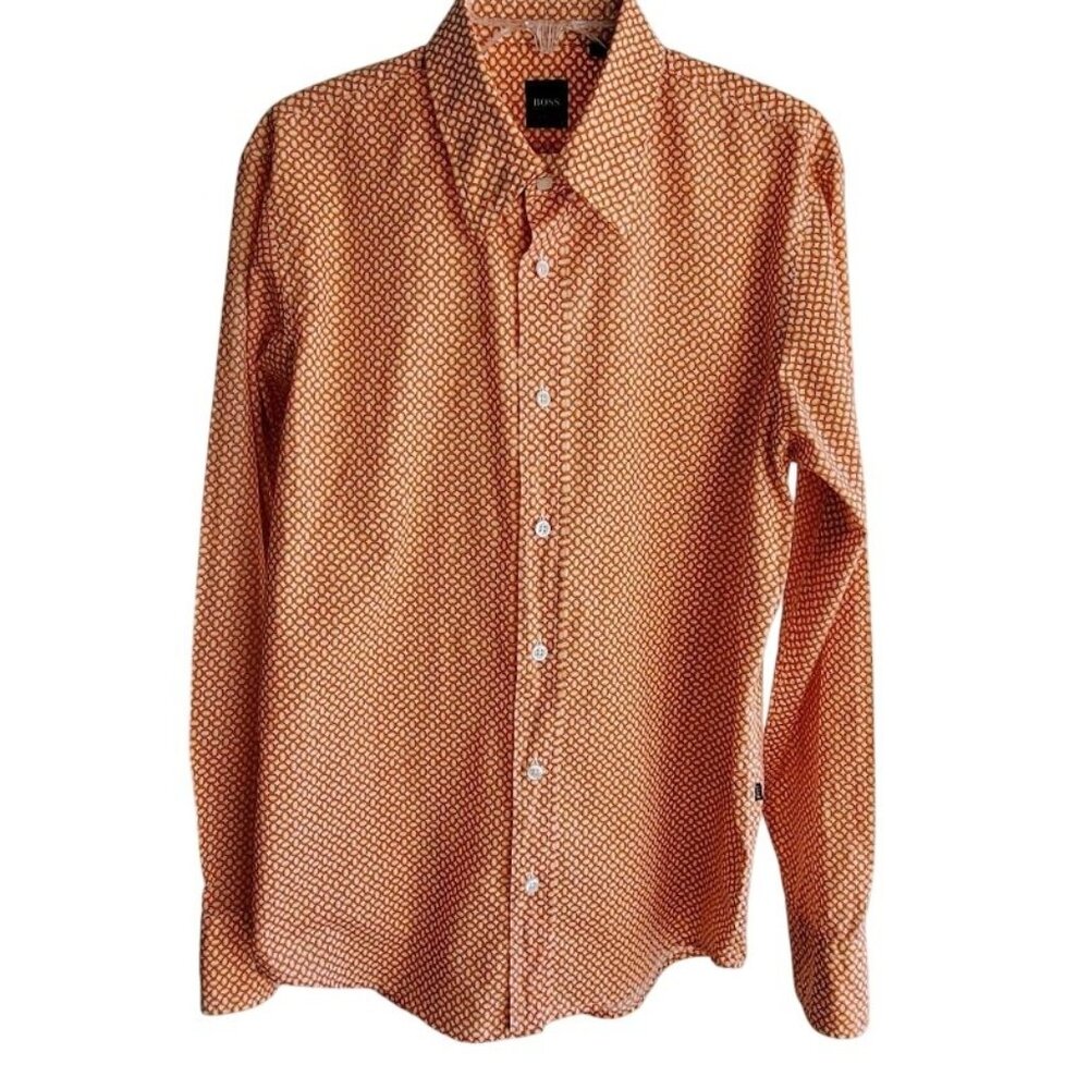 Hugo Boss Men's Slim Fit Long Sleeve Button-Up Shirt - Orange Geometric Print Lg